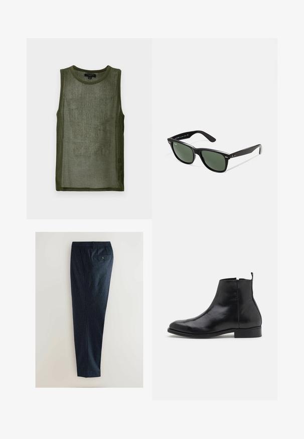 Top mesh verde măsliniu cu decolteu rotund, design fără mâneci și țesătură texturată care prezintă un model în rețea pe tot parcursul.; Pantaloni raiati bleumarin cu un design croit, având un singur buzunar la spate și sistem de închidere cu buton. Materialul are un finisaj neted, texturat.; Zign LEATHER - Botine clasice - black; Ochelari de soare din plastic negru cu lentile verzi, rame pătrate, accent argintiu pe sprânceană și brațe texturate. Marca este menționată pe brațul interior.