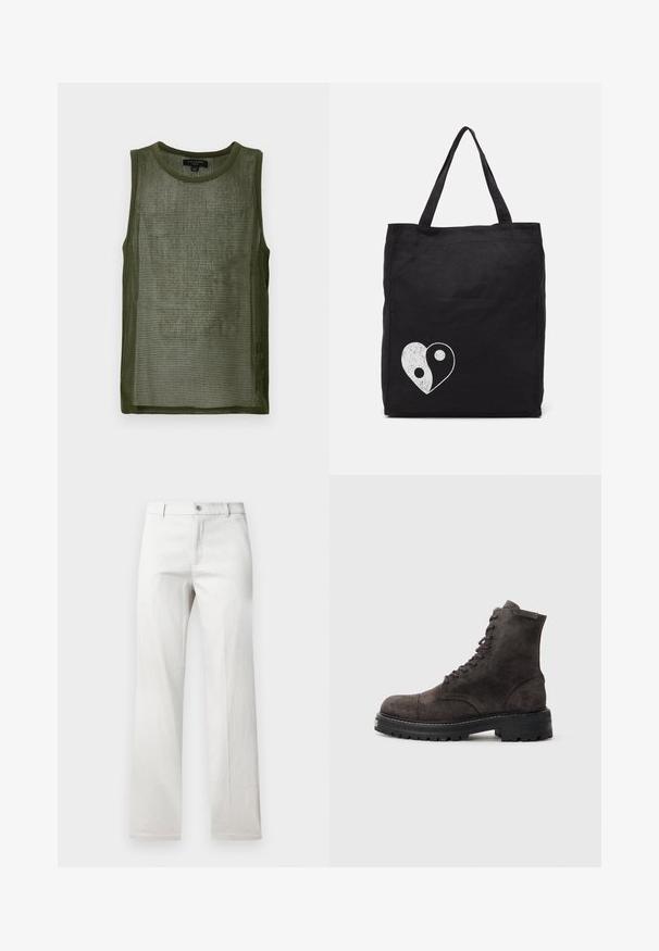 Vihreä verkkomainen tanktoppi, jossa on pyöreä kaula-aukko, hihaton muotoilu ja teksturoitu kangas, johon on printattu ruudukkomuotoilu.; Harmaat suorat housut, valmistettu sileästä kankaasta, joissa on etupainike ja sivutaskut.; Tummanharmaa mokkanahkainen nilkkuri, jossa on pyöreä kärki, nauhakiinnitys edessä sekä paksu musta kumipohja, jossa on teksturoitu pito. Minimalistiset muotoiluelementit.; Musta kangaskassi, jossa on valkoinen yin-yang sydän -grafiikka. Kaksi kestävää kahvaa helppoa kantamista varten. Yksinkertainen suorakulmainen muotoilu.