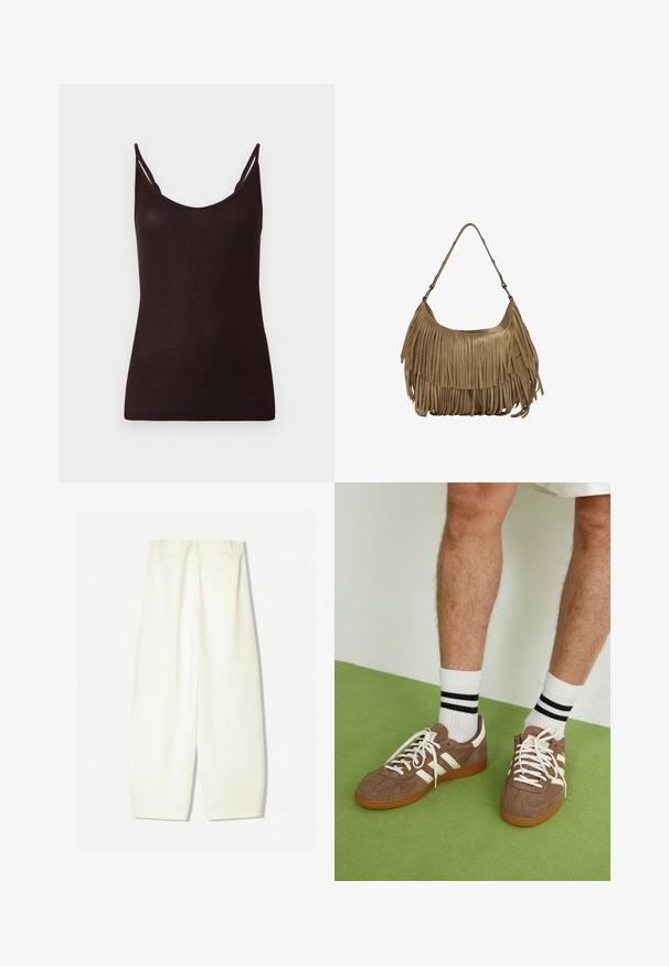 Sort tanktop med tynde stropper, ribbet overflade og scoop-udskæring. Materialet fremstår blødt og tætsiddende, med minimale sømme og uden mønstre.; Bredde bukser i et blødt cremfabric, med en glat tekstur, forreste lommer og en afslappet pasform med en mid-rise talje.; Brune ruskind sneakers med hvide detaljer og snørebånd. Gummisål i naturgummi. Båret med hvide sokker med sorte striber. Grøn struktureret gulv.; Brun ruskind skuldertaske med lange frynser, en buet form og en enkelt skulderrem. Har en glat, tekstureret overflade.