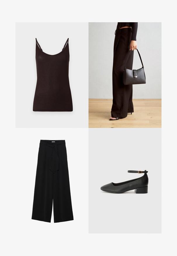 Top negro de tirantes finos, con textura acanalada y escote redondeado. El material parece suave y ajustado, con costuras mínimas y sin patrones.; Pantalones de pierna ancha negros con un tejido texturizado, una cinturilla elástica y un lazo desmontable en la cintura para un ajuste ajustable.; Zapato de tacón negro de cuero con punta afilada y tacón bajo cuadrado. Presenta una correa para el tobillo con una hebilla en tono dorado. Textura suave.; Bolso negro con forma estructurada, textura suave y un cierre metálico. Combinado con pantalones anchos negros y sandalias de dedo en un suelo de madera.