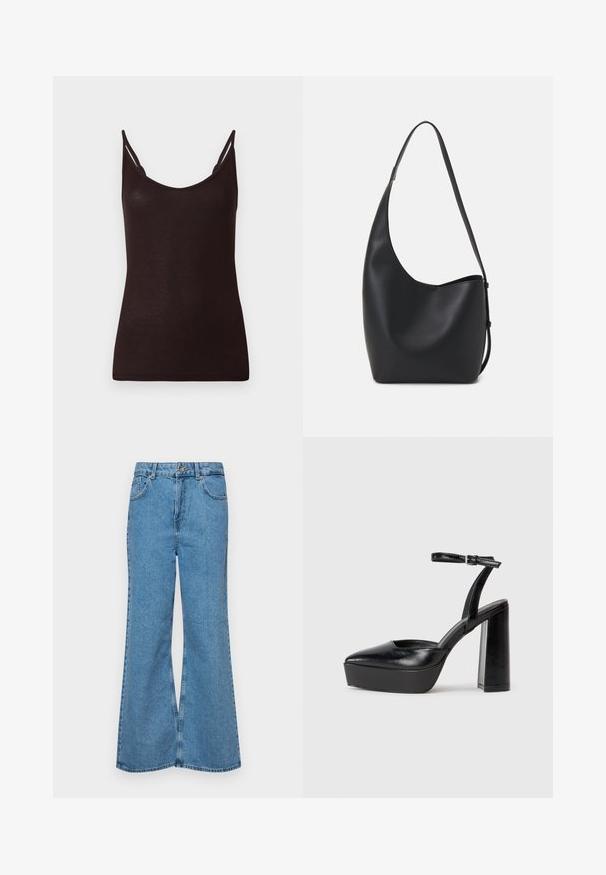 Fekete atlétatrikó vékony pántokkal, bordázott textúrával és mély kivágással. Az anyag puhanak és testhezállónak tűnik, minimális varrásokkal és minta nélkül.; Világoskék, trapézszárú farmernadrág, magas derékkal, öt zsebbel és egy gombos záródással. Puha tapintású, magasított effektusú anyag.; Fekete platform magassarkú cipők hegyes orral és állítható bokapánttal. Sima bőrből készült, vastag talppal.; Fekete bőr hobo táska sima textúrával, ívelt formával és egyetlen állítható pánttal; széles nyílás található a tetején.