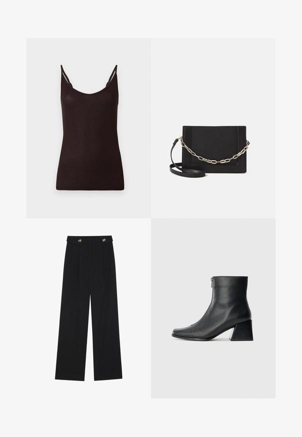 Sort tanktop med tynde stropper, ribbet overflade og scoop-udskæring. Materialet fremstår blødt og tætsiddende, med minimale sømme og uden mønstre.; Sorte vide bukser med høj talje, knapdetaljer på taljebåndet og frontfald.; Sort læderankelstøvle med firkantet tå, lynlås på siden og blokhæl mod en ensfarvet lys baggrund.; Sort læder crossbody taske med en glat tekstur, rektangulær form og en metallisk kæde detalje foran. Justerbar skulderrem inkluderet.