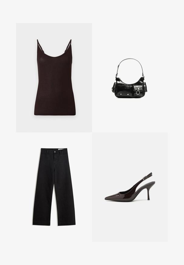 Top negru fără mâneci, cu bretele subțiri, textură canelată și decolteu rotund. Materialul pare moale și ajustat, cu cusături minime și fără modele.; Pantaloni din denim negri cu picioare largi, cu talie înaltă, având buzunare frontale și posterioare, cusături dublate și închidere cu nasture. Textură netedă.; Pantof cu toc înalt Slingback din piele sintetică lucioasă de culoare maro închis, vârf ascuțit, laterale deschise și curea ajustabilă la glezne.; Geantă de mână din piele lăcuită neagră, cu o formă curbată, un umăr, buzunare frontale și accente din metal argintiu.
