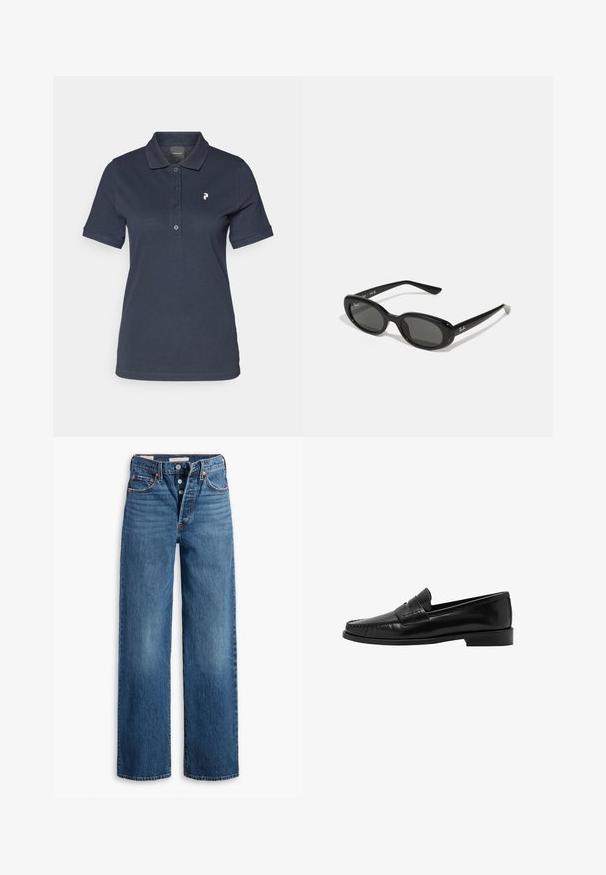 Cămașă polo bleumarin din bumbac, cu guler clasic, deschidere cu trei nasturi și un mic logo alb pe pieptul stâng.; Blugi din denim albastru cu un design cu picioare largi, cinci buzunare, închidere cu nasture și cusături contrastante. Țesătură texturată cu un finisaj uzat.; Mango Pantofi slip-on - black; Ochelari de soare negri, cu lentile ovale, cadru din plastic lucios și brațe subțiri. Prezentă logo-ul Ray-Ban în alb pe lateral.