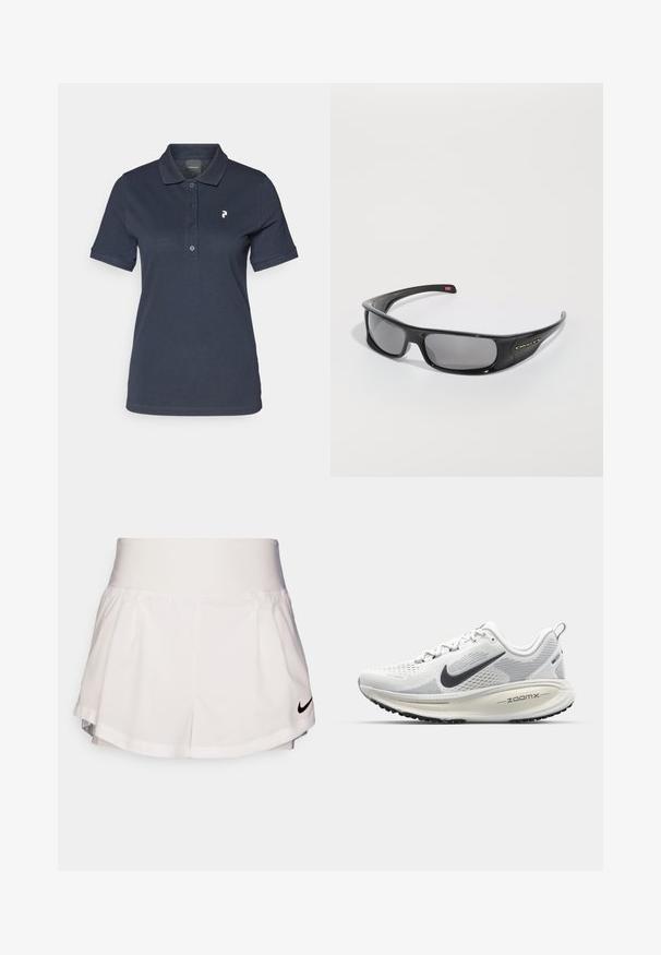 Navyblå polo skjorte laget av bomull, med klassisk krage, tre-knaps placket, og en liten hvit logo på venstre bryst.; Nike Performance SHORT - Sports shorts - white/black; Nike Performance VOMERO 18 - Løpesko for vei - summit white/black/coconut milk; Svart Oakley-wraparound solbriller med mørke rektangulære linser og buede armer på en hvit bakgrunn.