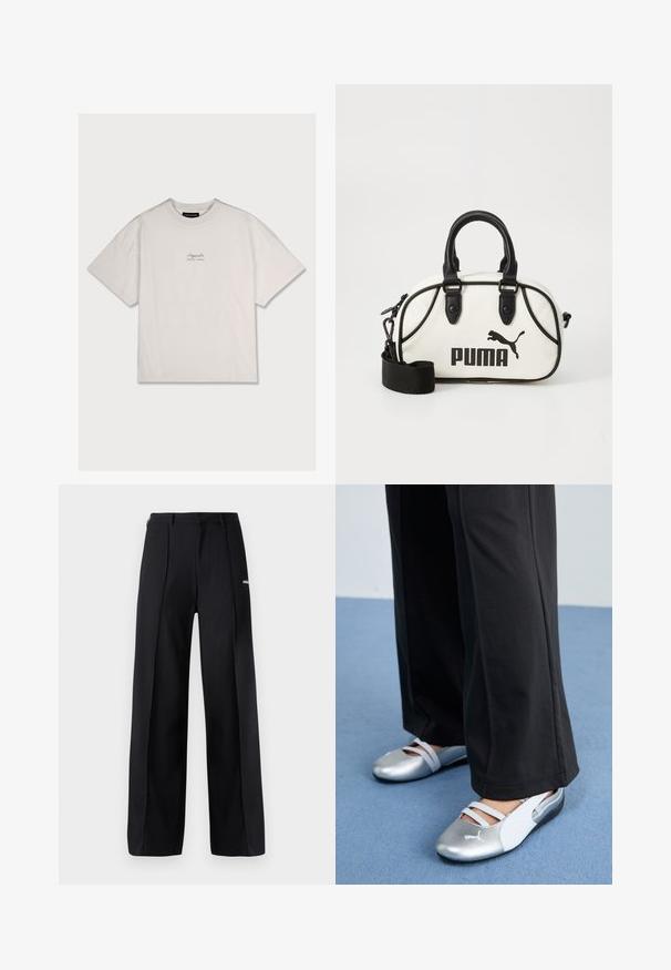 Valkoinen puuvillapaita, jossa on rento istuvuus, lyhyet hihat ja pieni brändilogo tulostettuna vasemman rinnan yläosaan. Pehmeä rakenne, pyöreä pääntie.; Mustat leveät housut, jotka on valmistettu sileästä kankaasta, ja joissa on laskoksia sekä pieni logokoriste. Suunniteltu keski-korkealla vyötäröllä.; Hopeiset ja valkoiset litteät kengät, joissa on ristikkäin kulkevat hihnat ja tekstuuri, täydentävät löysiä mustia housuja. Taustalla sininen lattia.; Valkoinen käsilaukku mustilla yksityiskohdilla, jossa on Puma-logo. Lyhyet, pyöristetyt kahvat ja irrotettava olkahihna, valmistettu teksturoidusta keinomateriaalista.