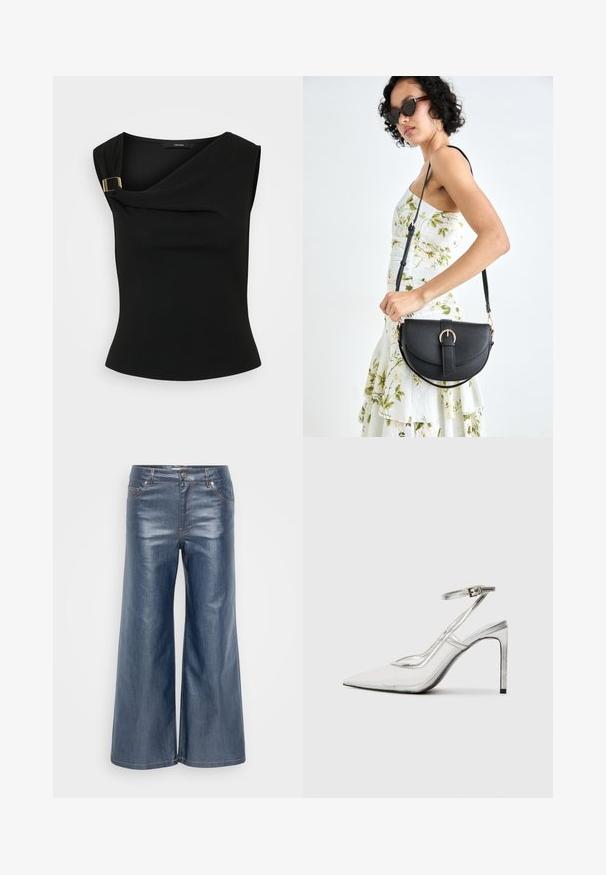 Black sleeveless top with a draped design and gold-tone buckle detail at the shoulder. Made from soft, smooth fabric with a fitted silhouette.; Wide-leg denim trousers in dark blue, featuring a smooth texture, five-pocket design, and contrasting stitching. Front button and zip closure.; Clear stiletto heel shoe with a pointed toe, transparent material, metallic silver accents, and adjustable ankle strap.; Black leather handbag with a curved shape, detachable strap, and gold hardware. The bag features a flap with a buckle detail.