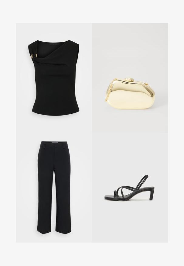 Black sleeveless top with a draped design and gold-tone buckle detail at the shoulder. Made from soft, smooth fabric with a fitted silhouette.; Black wide-leg trousers with a smooth texture, featuring a flat waistband and side pockets, designed with a minimalist aesthetic.; Black strappy sandal with a square toe and a low block heel. Features multiple thin straps and an adjustable ankle strap. Made of smooth leather.; Metallic gold clutch with a smooth, rounded shape, featuring a top button clasp and a small chain strap for carrying.