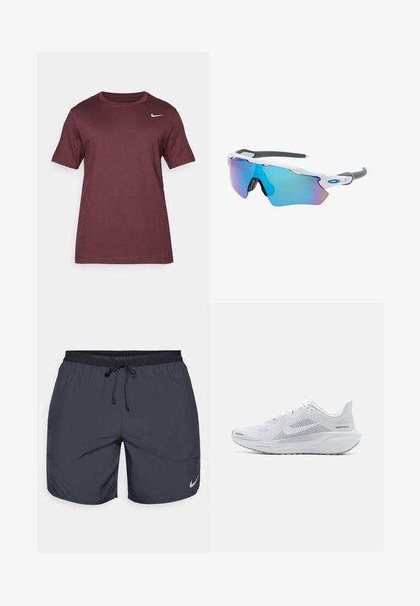 Nike Performance TEE CREW SOLID - Športové tričko - burgundy crush; Běžecké šortky Nike v tmavě šedé barvě, s elastickým pasem a šňůrkou na stažení, a stříbrným logem na spodní části pravé nohavice.; Biele športové topánky s sieťovaným zvrškom, hladkými textúrovanými prekrytiami, šedými akcentmi, šnúrkami a odpruženou podrážkou navrhnutou pre výkon.; Slnečné okuliare s bielym rámom, so sivými akcentmi a modrými zrkadlovými sklami. Športový dizajn, okrúhly tvar a nastaviteľné nosové podložky.