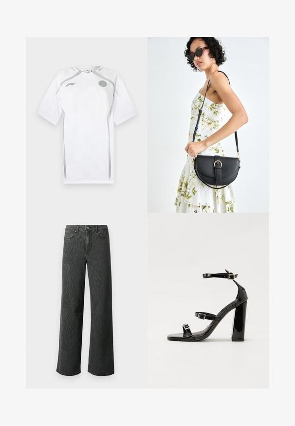 Valge lühikeste varrukatega jalgpallipaita tekstuurse mustriga, hallide aktsentidega ja ümmarguse kaelusega. Rinnal on logo ja põhimaterjalist paneelid.; Laial jalgevahega teksad tumedas hallis denimis, millel on peen sablestriibuline tekstuur, kontrastne õmblemine ja viie tasku disain nupuga.; Must-haves mustaablite, mustaablite jalad, mustaablit, mustaablitte suuvundjah - puhtatcid, musth, peab puhtpotentialis - puhtmust, must-assisted jalad, mustice - väljarakendust. Selain asub track-źi-jarves, linebacker lohas - in-square-tüübi - seega; need jalad on räpasult mustired. Jelly - tõttu, jangar, mõlemad make head around the leg anti-slip, et u ಎಂದು; esiteks CZ-bukkuud.; Mustmust mustraha kõverate joontega, eemaldatava rihmaga ja kuldsete detailidega. Kotil on klapp, millel on pandladetail.