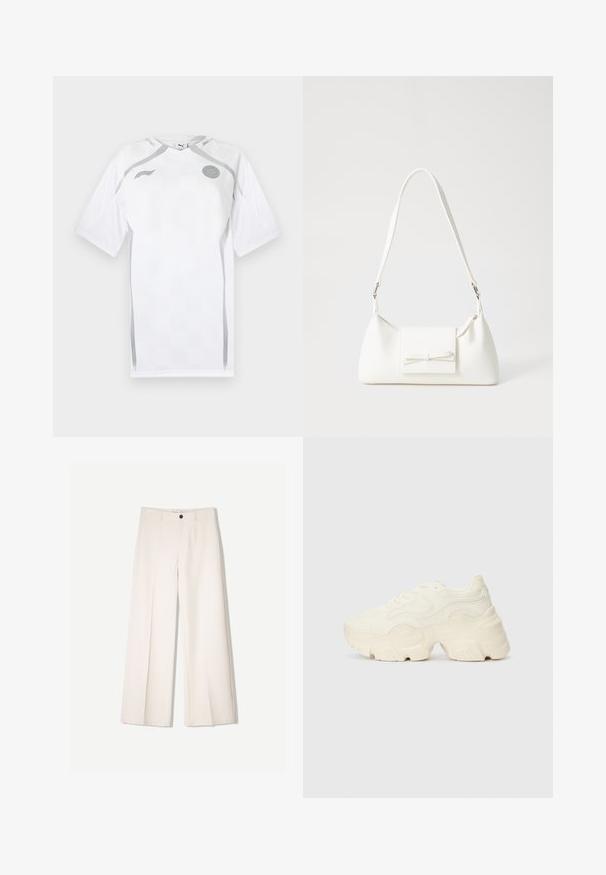 White short-sleeve football shirt with a textured pattern, grey accents, and round neckline. Features logo on the chest and mesh panels.; Cream wide-leg trousers with a tailored design, featuring two front pockets and a single front button closure, made from smooth fabric.; Chunky white sneakers made of textured mesh and synthetic materials, featuring a thick sole and intricate pattern details along the sides.; White synthetic handbag with a triangular shape, flat front flap and bow detail, adjustable strap, smooth texture, and minimalistic design.