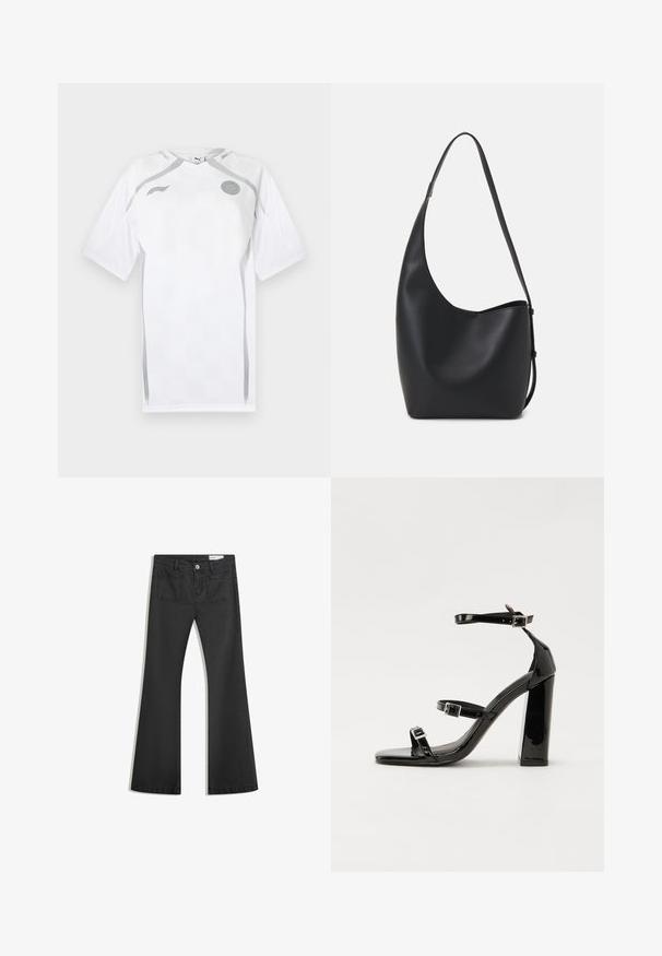 Bela kratka nogometna majica z teksturiranim vzorcem, s sivimi poudarki in okroglim izrezom. Značilnosti vključujejo logotip na prsih in mrežaste panele.; Črne flare traperke z gladko teksturo, opremljene z dvema zadnjima žepoma in gumbnim zapiranjem v pasu.; Črne lakirane sandale s peto, kvadratnim prstom, trakovi okrog gležnja in srebrnimi zaponkami. Opremljene so s stabilno Debelo peto.; Črna usnjena hobo torba z gladko teksturo, ukrivljeno obliko in eno nastavljivo naramnico; ima širok odprtina na vrhu.