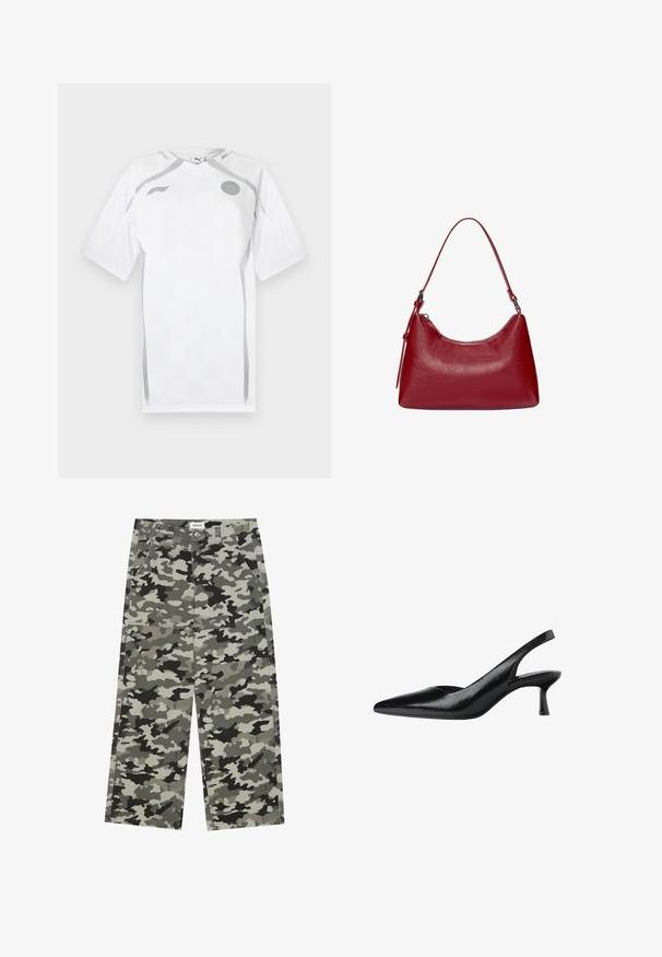 Hvid fodboldtrøje med korte ærmer, tekstureret mønster, grå detaljer og rund hals. Indeholder logo på brystet og mesh-paneler.; YOURTURN UNISEX - Jeans Relaxed Fit - grey/black; Sorte slingback pumps med spids tå, lavet af tekstureret syntetisk materiale, med en slank hæl og et åbent sides_design.; Rød læder skuldertaske med et buet design, glat tekstur og lynlåslukning. Den har et tyndt håndtag til at bære.