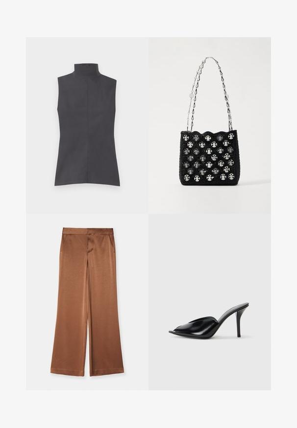 Mieganti maikė tamsiai pilkos spalvos, turinti aukštą apykaklę, švarias linijas ir lygią tekstūrą. Paprastas dizainas be raštų ar papuošimų.; Rudos platūs kelnės, pagamintos iš satino, su šoninėmis kišenėmis, lygia tekstūra ir pritaikyta liemens juosta, užtikrinančia struktūrizuotą prigludimą.; Juodos odinės aukštakulnės mules su atvira pirštine, smailiu dizainu, lygiu paviršiumi ir plonu stiletto kulnu.; Rabanne Rankinė - black/silver; Nedidelis nereguliarus ovalo formos aukso tono metalinių auskarų pora su tekstūruota, šiek tiek kalta paviršiumi ant balto fono.