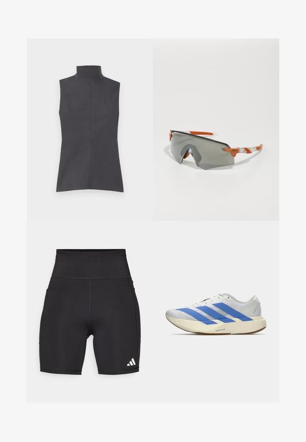 Sleeveless top in dark gray, featuring a high collar, clean lines, and a smooth texture. Simple design without patterns or embellishments.; Black athletic shorts made of stretchy fabric. High waistband, mid-thigh length, with white three-stripe logo on the lower left side.; White athletic shoe with blue stripes, textured upper, flat sole, and "LIGHTSTRIKE PRO" branding on the side. Low-profile design.; Sport sunglasses with a gray lens, orange accents, and patterned white arms. Designed for performance with a wraparound shape.