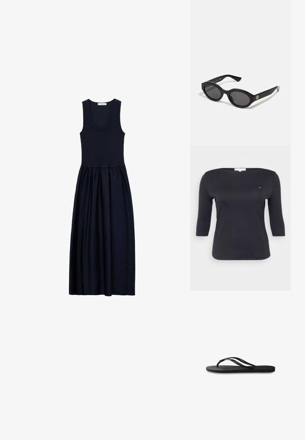 Tricou negru cu maneci trei sferturi, realizat dintr-un material de bumbac neted. Are un guler tip barcă și un mic detaliu cu logo pe piept.; Rochie maxi fără mâneci, de culoare albastru marin, confectionată dintr-un materialmoale, având un corset ajustat și o fustă plisată pentru un confort relaxat și un căderea fluidă.; Încălțăminte tip flip-flop neagră cu o talpă din cauciuc texturat, două bretele subțiri și un detaliu discret, embosat cu logo pe bretea.; Ochelari de soare ovali negri cu lentile întunecate și ramă din plastic lucios. Prezintă un logo aurit pe bradă, oferind un design elegant și modern.; Geantă de mână din piele neagră, cu o formă rectangulară structurată. Are un capac oval auriu și o curea subțire pentru umăr. Textură netedă.