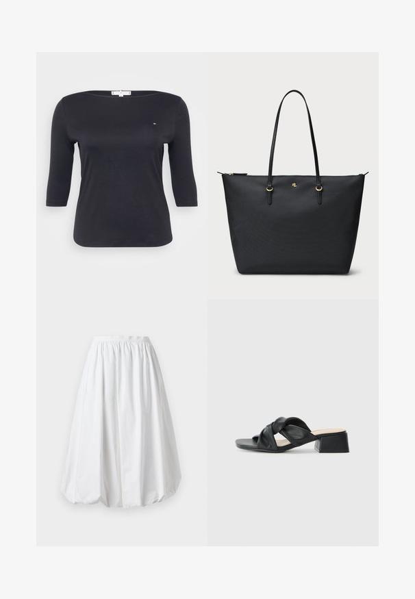 Top preto de manga três quartos feito de um tecido de algodão suave. Apresenta um decote barco e um pequeno detalhe de logótipo no peito.; Saia branca, até aos joelhos, com cintura elástica e formato balão. Feita de um tecido leve com uma textura suave.; Sandal de couro preto com um design superior torcido, bico quadrado e um salto bloco baixo, apresentando uma textura suave e um estilo minimalista.; Saco tote preto com uma superfície texturizada, fecho com zíper e duas alças de couro. Apresenta detalhes em dourado e um logotipo discreto na parte da frente.