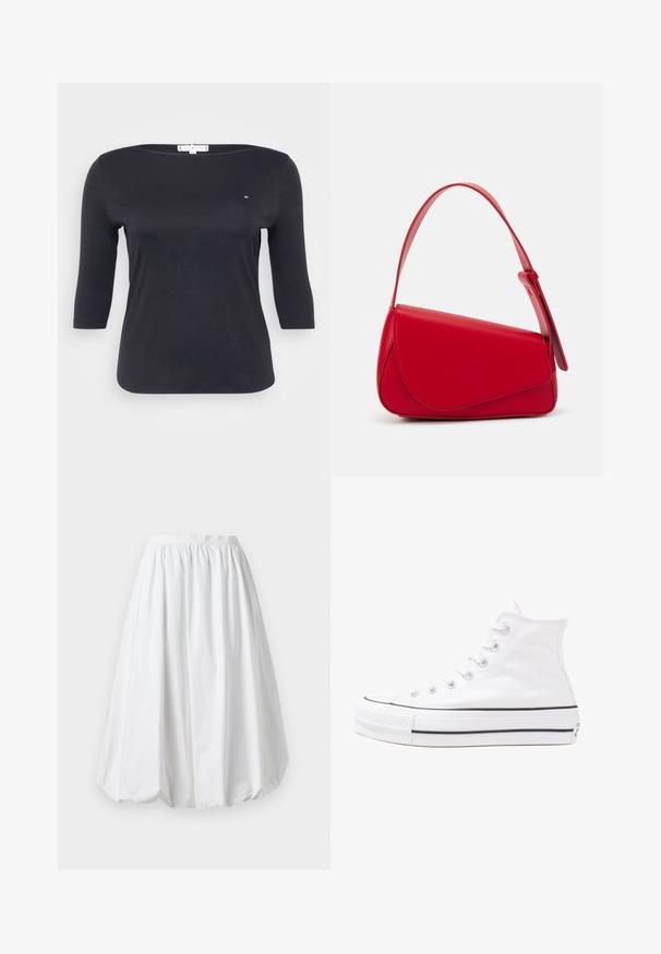 Black three-quarter sleeve top made of smooth cotton fabric. Features a boat neckline and a small logo detail on the chest.; White, knee-length skirt with an elasticated waistband and a balloon shape. Made from lightweight fabric with a smooth texture.; White high-top canvas sneaker with black rubber sole, front rubber toe cap, and six eyelets for laces, featuring a clean, minimalist design.; Red leather handbag with an angular, geometric design. Features a single adjustable strap and a flap closure with stitched detailing.
