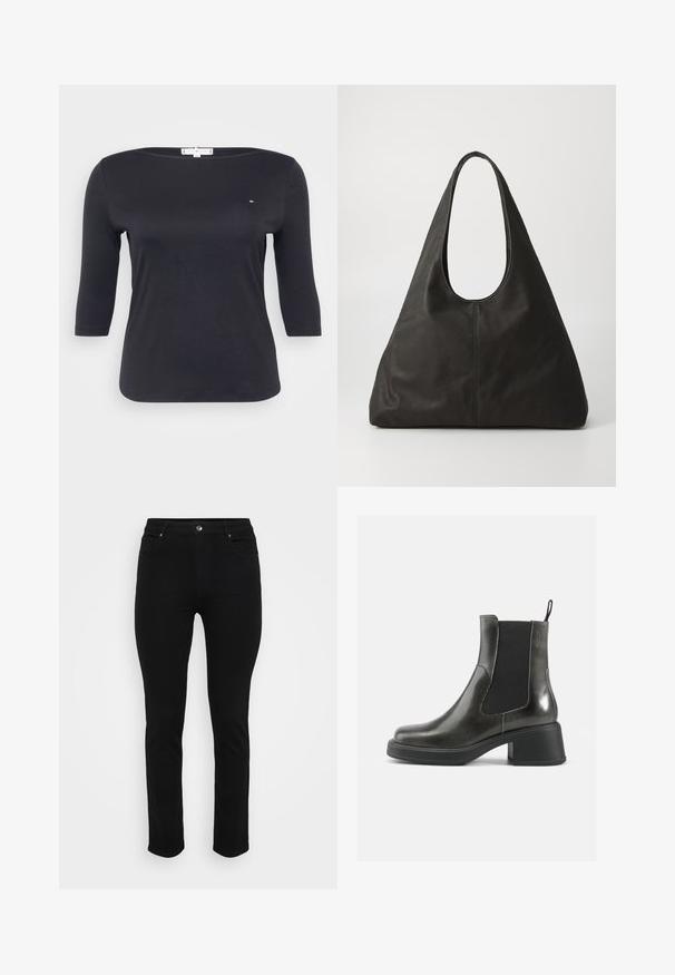 Svart tröja med trekvartsärmar gjord av slät bomullstyg. Har en båtformad halsringning och en liten logotypdetalj på bröstet.; Svarta denimjeans med slim fit, femficksdesign, framknäppning och lätt stretch för komfort. Platt, slät textur med minimal detaljering.; Svarta läderankelboots med en slät yta, elastiska sidopaneler och en kraftig klack. Har en dragflik för enklare påtagning.; Svart läder tote-väska med ett böjt handtag, avlång triangulär form och slät yta. Har en minimalistisk design utan synlig utrustning.; Silverfärgade metallörhängen med en vågig, skulptural design som har en polerad yta och oregelbundna former, vilket framhäver en samtida estetik.