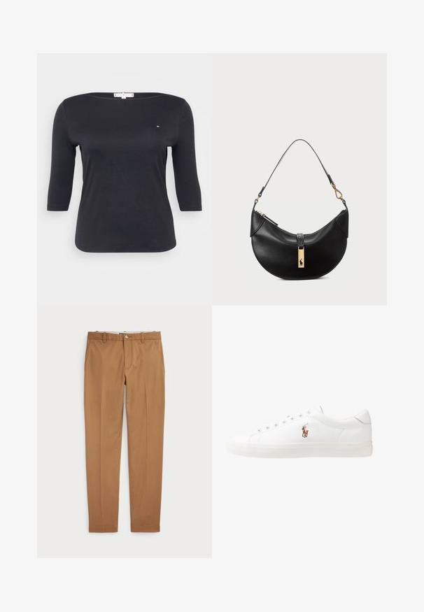 Fekete háromnegyedes ujjú felső sima pamut szövetből készült. A felső hajónyakú, a mellrészen pedig egy kis logó részlet található.; Barna pamut nadrág, karcsú szabású, sima elülső résszel és standard zsebekkel; sima tapintású és hemzsegő szegélyekkel.; Fehér bőr sportcipők, alacsony fazonban, sima textúrával, kerek orral, fűzős előlappal és egy kis hímezett logóval az oldalon.; Fekete bőr kézitáska félhold alakú formában. Aranyszínű fémrészekkel és keskeny pánttal rendelkezik. Simább felület, cipzáras záródás a tetején.; Arany színű csomó fülbevalók, csavart formával. Minden fülbevaló mögött egy kör alakú átlátszó támasz található a biztonságos viselés érdekében.