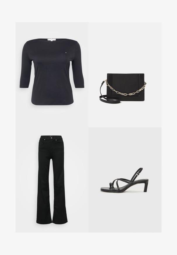 Top nero a tre quarti in cotone morbido. Caratterizzato da un collo a barca e un piccolo dettaglio del logo sul petto.; Jeans neri a zampa d'elefante realizzati in denim, con vita alta, cinque tasche e chiusura con bottone metallico. Texture liscia con dettagli minimi.; Sandalo nero con cinturini, dalla punta squadrata e tacco basso a blocco. Presenta diversi cinturini sottili e una cinturini regolabile alla caviglia. Realizzato in pelle liscia.; Borsa a tracolla nera in pelle con una texture liscia, forma rettangolare e dettaglio in catena metallica sul davanti. Inclusa una tracolla regolabile.