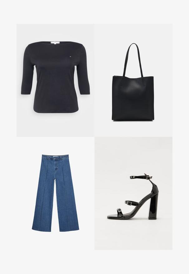 Czarny top z rękawami 3/4 wykonany z gładkiej bawełny. Posiada dekolt w kształcie łódki i mały detal z logo na piersi.; Jeans typu wide-leg w średnim niebieskim kolorze, z wysokim stanem, zapięciem na guziki oraz kontrastowymi szwami pionowymi z przodu.; Czarne lakierowane sandały na obcasie z kwadratowym noskiem, z paskami wokół kostki i srebrnymi klamrami. Posiadają masywny słupek dla stabilności.; Czarna skórzana torba tote o gładkiej fakturze, prostokątnym kształcie i dwóch długich uchwytach. Brak widocznych elementów metalowych i ozdób.