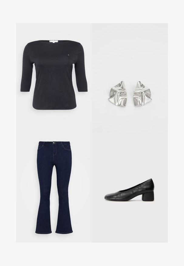 Top preto de manga três quartos feito de um tecido de algodão suave. Apresenta um decote barco e um pequeno detalhe de logótipo no peito.; Jeans de ganga escuros de cintura alta com ajuste justo na coxa e ligeira abertura na parte inferior, apresentando bolsos frontais e fecho de botão.; Sapato de salto preto em couro com bico arredondado e salto médio bloco. Textura suave com detalhes mínimos, apresentando uma abertura elástica discreta.; Brincos de metal prateado com um design ondulante e escultural, apresentando um acabamento polido e formas irregulares, destacando uma estética contemporânea.