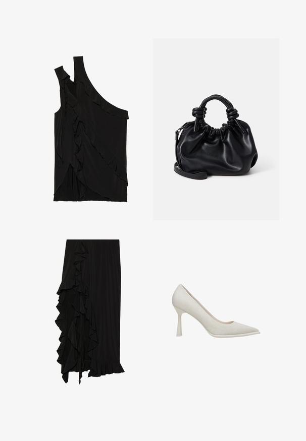 Asymetryczny czarny top z miękkiego materiału, z falbanami po boku i jednym ramiączkiem. Gładka tekstura z elementami drapowania.; Czarna spódnica z miękkiego materiału, z falbaną po lewej stronie i falbaniastego dołu, tworząca płynny kształt.; Beżowe szpilki z wąskim noskiem, tekstura z materiału i smukły obcas typu stiletto. Gładka podeszwa z delikatnym połyskiem.; Czarna skórzana torebka o marszczonym wzorze, z krótkimi, zaokrąglonymi uchwytami i odpinanym paskiem na ramię. Gładka tekstura i miękka sylwetka.