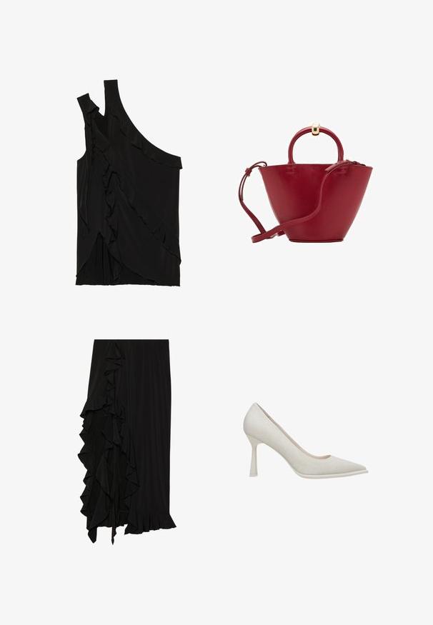Asymetryczny czarny top z miękkiego materiału, z falbanami po boku i jednym ramiączkiem. Gładka tekstura z elementami drapowania.; Czarna spódnica z miękkiego materiału, z falbaną po lewej stronie i falbaniastego dołu, tworząca płynny kształt.; Beżowe szpilki z wąskim noskiem, tekstura z materiału i smukły obcas typu stiletto. Gładka podeszwa z delikatnym połyskiem.; Czerwona skórzana torebka z zaokrąglonym wierzchem, o strukturalnym kształcie stożka, z krótkim uchwytem i odpinanym paskiem na ramię. Posiada złote akcenty metalowe.