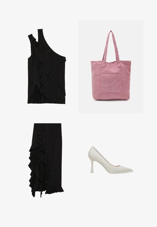 Asymmetrische zwarte top van zachte stof met rimpels aan de zijkant en een enkele band. Gladde textuur met gedrapeerde ontwerpelementen.; Zwarte rok van zachte stof met een gerimpelde rand aan de linkerkant en een flonkerendezoom aan de onderkant, wat een vloeiende silhouette creëert.; Beige hoge hakken met een spitse neus, stoftextuur en slanke stilettohak. Gladde zool met een subtiele glans.; Roze corduroy schoudertas met twee lange handvatten, voorzien van een voorvak en subtiele ribbelstructuur. Gladde binnenkant.