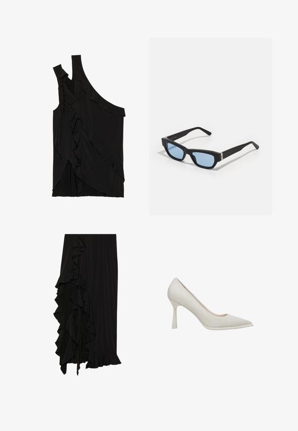 Asymmetrical black top in soft fabric featuring ruffles along the side and a single strap. Smooth texture with draped design elements.; Black skirt made of soft fabric with a ruffled detail along the left side and a flounced hem at the bottom, creating a flowing silhouette.; Beige high-heeled pump with a pointed toe, fabric texture, and slim stiletto heel. Smooth sole with a subtle sheen.; Black sunglasses with rectangular frames, light blue lenses, matte finish, and silver accents at the hinges. Made in Italy.