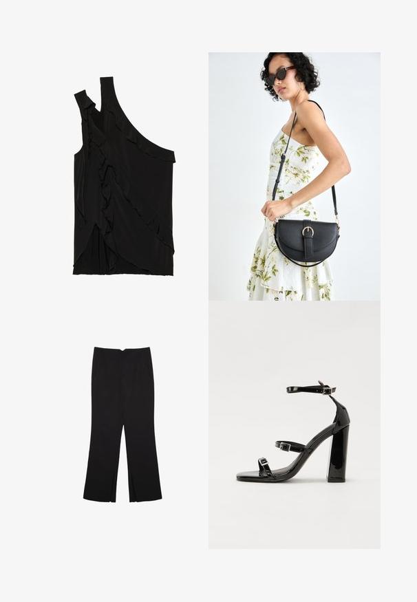 Top asimmetrico nero in morbido tessuto con rouches lungo il lato e una spallina. Texture liscia con elementi di design drappeggiati.; Pantaloni neri a gamba dritta, con tasche frontali e spacchi laterali all'orlo. Realizzati in tessuto morbido e liscio. Adatti a diverse occasioni.; Sandali con tacco in vernice nera, con punta squadrata, cinturini alla caviglia e fibbie in argento. Presentano un tacco a blocco spesso per maggiore stabilità.; Borsa a tracolla nera in pelle con una forma curva, manico rimovibile e accessori dorati. La borsa presenta una patta con un dettaglio a fibbia.