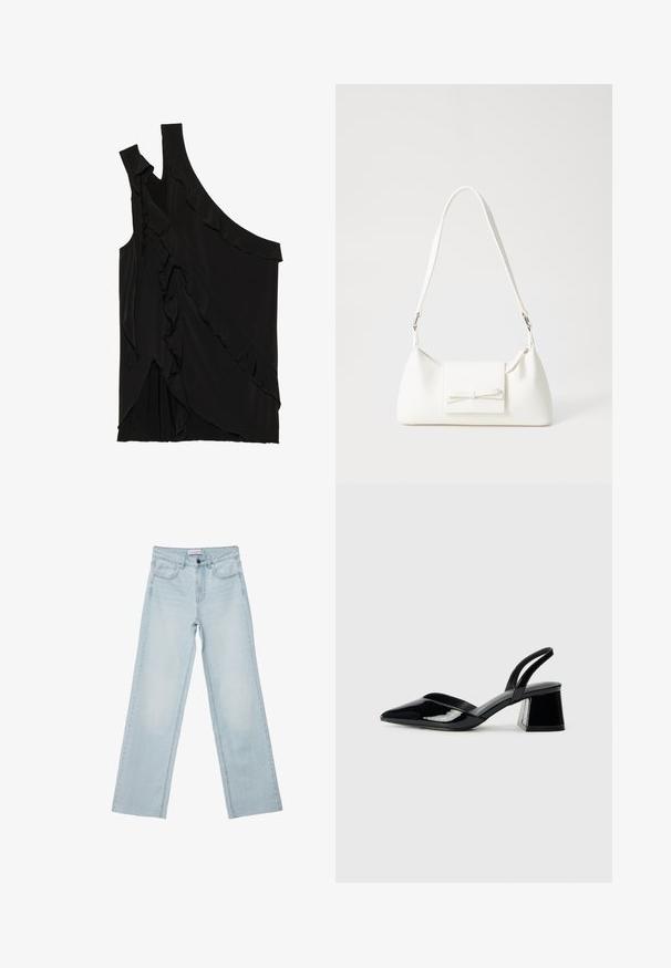 Top asimmetrico nero in morbido tessuto con rouches lungo il lato e una spallina. Texture liscia con elementi di design drappeggiati.; Jeans a gamba larga di colore blu chiaro realizzati in denim. Presentano cinque tasche, un bottone sul davanti e dettagli sbiaditi. Taglio dritto classico con vestibilità ampia.; Décolleté in vernice nera con punta affusolata e tacco in geometria cubica. Presentano un design elegante e minimalista, con una texture liscia.; Borsa sintetica bianca a forma triangolare, con patta anteriore piatta e dettaglio a fiocco, tracolla regolabile, texture liscia e design minimalista.