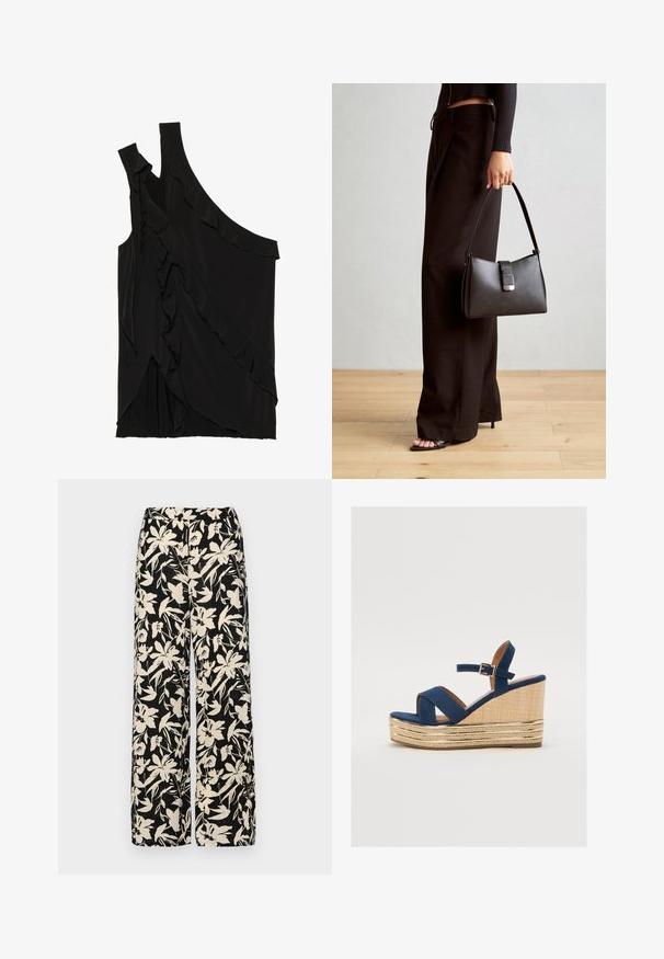 Top asimmetrico nero in morbido tessuto con rouches lungo il lato e una spallina. Texture liscia con elementi di design drappeggiati.; Pantaloni larghi neri con un motivo floreale crema. Realizzati in tessuto leggero, con una texture liscia e una vita alta.; Sandalo con zeppa blu navy, con cinturini incrociati, una piattaforma in fibra naturale testurizzata e un accento metallico dorato alla base.; Borsa nera con forma strutturata, texture liscia e una chiusura metallica. Abbinata a pantaloni neri larghi e sandali open-toe su un pavimento in legno.