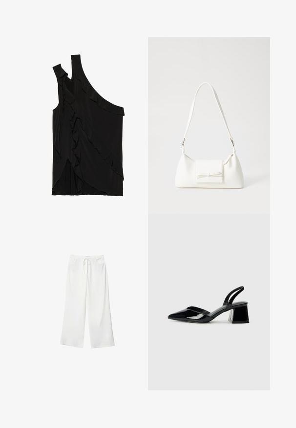 Asimetrična črna majica iz mehkega materiala s čipkami ob strani in enim naramnicom. Gladka tekstura z drapiranimi oblikovalskimi elementi.; Bela široka hlače iz mehkega materiala, z vrvico v pasu in dvema sprednjima žepoma. Gladek texture in brez vidnih vzorcev.; Črne lakirane slingback pete s koničastim nosom in geometrijsko blokasto peto. Imajo eleganten, minimalističen dizajn in gladko teksturo.; Bela sintetična torbica v obliki trikotnika, z ravnim sprednjim poklopcem in detajlom mašne, nastavljivim trakom, gladko teksturo in minimalističnim dizajnom.