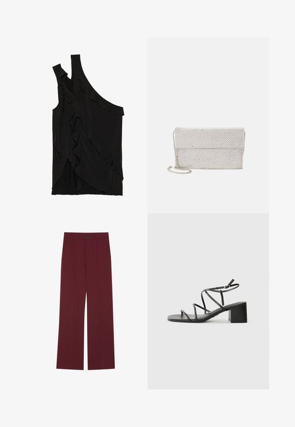 Top asimmetrico nero in morbido tessuto con rouches lungo il lato e una spallina. Texture liscia con elementi di design drappeggiati.; Pantaloni bordeaux con un design a gamba larga, dotati di chiusura con bottone, due tasche laterali e dettagli plissettati sul fronte. Tessuto dalla consistenza liscia.; Sandali neri con cinturini, punta quadrata e tacco spesso, realizzati in materiale morbido. Presentano cinturini regolabili alla caviglia e hardware minimal.; Clutch bag in rete argentato con un design tessuto e testurizzato, dotato di patta ripiegabile e tracolla removibile per il trasporto.