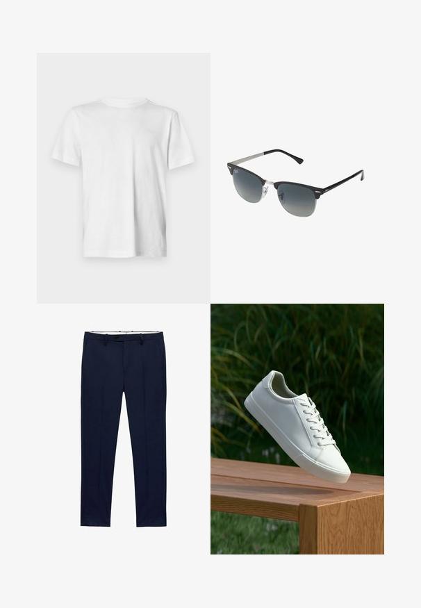 Vit kortärmad T-shirt i mjuk bomull, med rundad halsringning och subtilt präglad logotypdetalj på vänster bröst.; Mörkblå byxor med slim fit och ränder. Har dragkedja, bälteshällor och framfickor. Slät tygliknande struktur.; Vit snörad sneaker svävande ovanför en träbänk med gröna växter i bakgrunden, som visar skodesign och textur.; Svarta och silverfärgade solglasögon med kattögaform, gradientlinser och metalliska detaljer på ramen. Plastbågar med gråa tippar.