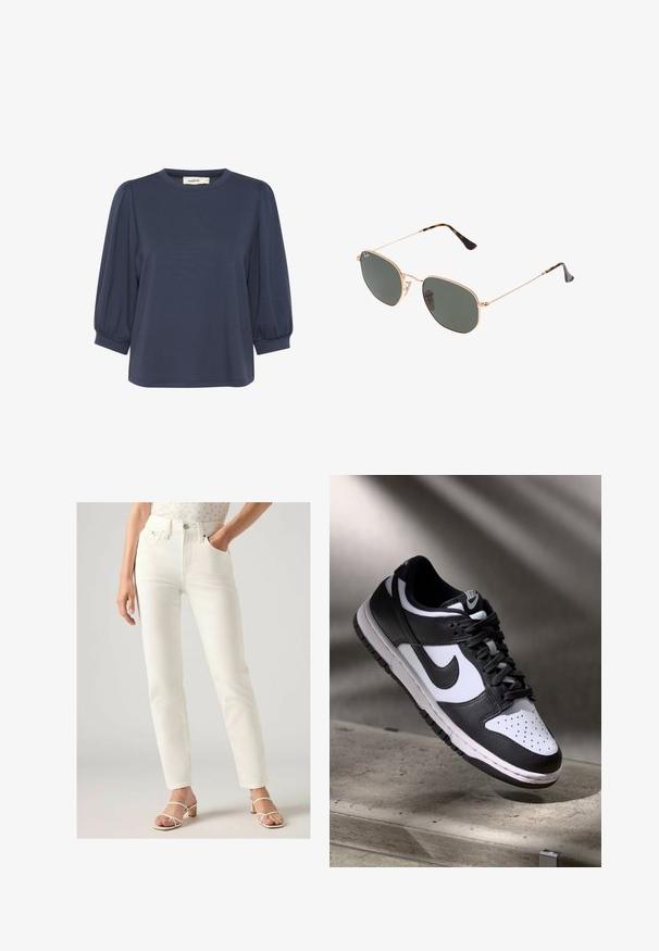 Navyblaues Kurzarmoberteil mit rundem Ausschnitt, ausgestattet mit gepufften Ärmeln und einem lockeren Schnitt. Weicher Stoff mit glatter Textur.; Weiße hoch taillierte Jeans mit geradem Schnitt, ausgestattet mit vorderen Taschen, einem Knopfverschluss und glattem Denimstoff. Getragen mit hellen Sandalen.; Schwarz-weißer Nike Dunk Low Sneaker mit Lederobermaterial, perforiertem Zehenbereich und schwarzen Schnürsenkeln, ausgestattet mit einer weißen Sohle und Logo-Akzenten.; Goldfarbene Metallrahmen-Sonnenbrillen mit dunkelgrünen Gläsern im Pilotenstil, mit schlanken Bügeln und Schildpatt-Akzenten an den Spitzen.; Schwarze gesteppte Handtasche mit einem goldenen Kettenriemen, die einen auffälligen goldenen Verschluss und ein kleines Etikett aufweist, das eine strukturierte Lederoberfläche zeigt.