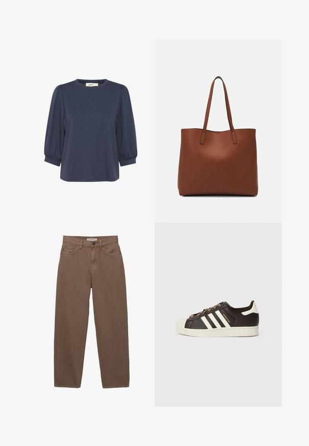 Navyblaues Kurzarmoberteil mit rundem Ausschnitt, ausgestattet mit gepufften Ärmeln und einem lockeren Schnitt. Weicher Stoff mit glatter Textur.; Braune Baumwoll-Denim-Hosen mit lockerer Passform, fünf Taschen und einem Reißverschluss. Verfügt über eine dezente Textur und klassische Nähdetails.; Low-Top Adidas Superstar Sneaker aus dunkelbraunem Leder mit cremefarbener Schale an der Spitze, weißen Streifen und dem Schriftzug "Superstar" an der Seite.; Braune Leder-Tote mit glatter Textur, offenem Oberteil und zwei Schulterriemen. Verfügt über minimale Nähte und keine sichtbaren Beschläge.