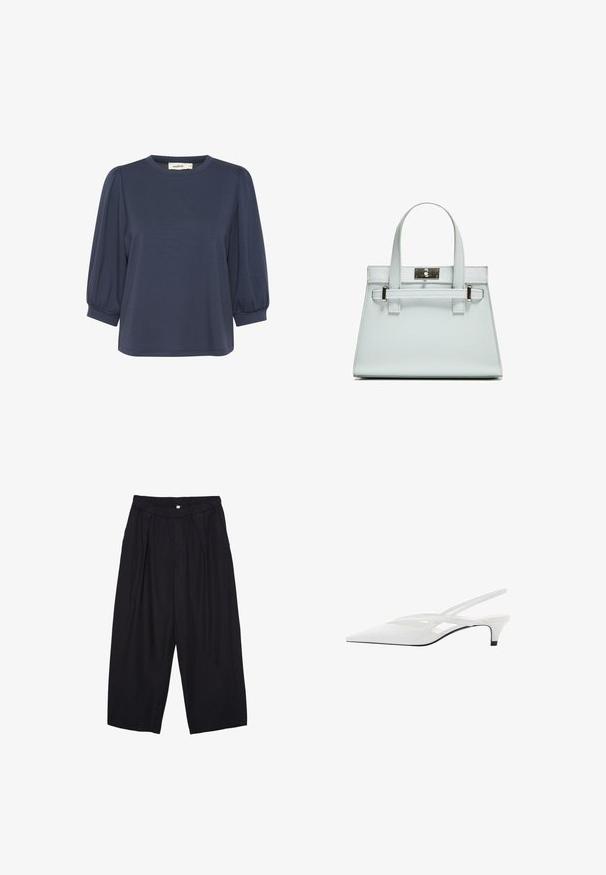 Tummansininen lyhythihainen paita, jossa on pyöreä pääntie, puffihihat ja rento istuvuus. Pehmeä kangas, jossa on sileä pinta.; Musta polyesterinen culotte-housut, jossa on joustava vyötärö, kaksi etupleettiä ja löysä siluetti. Ei näkyviä kuvioita tai metallisia yksityiskohtia.; Valkeat nilkkaremmikengät, joissa on terävä kärki, sileä päällinen, hienovaraiset aukot ja matala lohkopohja. Musta pohja korostaa muotoilua.; Vaaleansininen käsilaukku, jossa on jämäkkä muotoilu, kaksi kahvaa ja hopeanvärinen kiinnitys. Pinta on teksturoitu ja kulmat terävät.