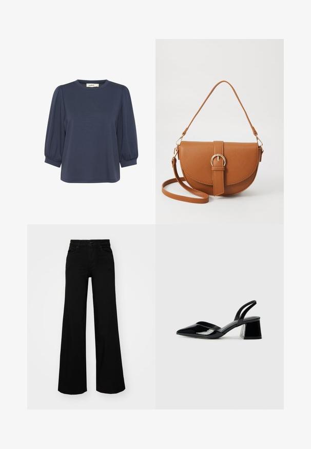 Sötétkék, rövid ujjú felső kerek nyakkivágással, puffos ujjakra és laza szabásra tervezve. Puha anyag, sima tapintással.; Fekete, bő szárú farmernadrág, amelynek állítható derékrésze van, övhurkokkal és elülső zsebekkel. Simaság jellemzi, klasszikus dizájnnal.; Fekete lakk bőr szandálkés magas sarkú cipő, hegyes orral és geometrikus tömbsarkakkal. Karcsú, minimalista dizájn és sima textúra jellemzi.; Barna bőr keresztbody táska ívelt formával, aranyszínű fémrészekkel és csat díszítéssel. Levehető vállpánttal rendelkezik.