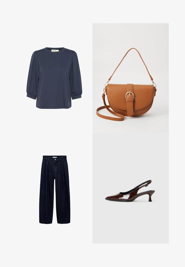 Navy blue short-sleeve top with a round neckline, featuring puffed sleeves and a relaxed fit. Soft fabric with a smooth texture.; Dark denim wide-leg trousers with pleats at the waist, featuring a front button and belt loops. Smooth texture and full-length design.; Brown patent leather slingback shoe with a pointed toe and a moderate heel. Features a buckle strap for secure fit. Smooth texture.; Brown leather crossbody bag with a curved shape, gold hardware, and a buckle accent. Features a detachable shoulder strap.