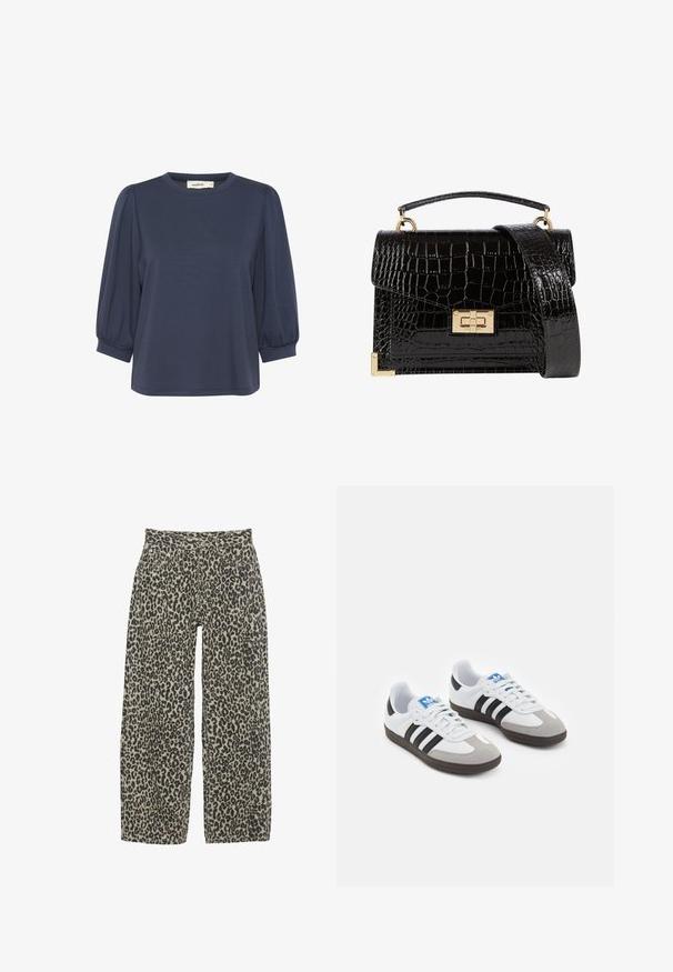 Navyblaues Kurzarmoberteil mit rundem Ausschnitt, ausgestattet mit gepufften Ärmeln und einem lockeren Schnitt. Weicher Stoff mit glatter Textur.; Leopardenmuster weite Hosen in einem neutralen Beige- und Schwarzfarbschema. Verfügt über eine hohe Taille, fünf Taschen und einen Knopfverschluss.; Sportschuhe mit einem Obermaterial aus weißem Leder, grauer Wildleder-Zehenkappe und drei schwarzen Streifen. Sie verfügen über ein blaues Logo auf der Zunge und eine strukturierte Gummisohle.; Schwarz lackierte Handtasche mit Krokodilstruktur, goldfarbenen Hardware, einem oberen Griff und einem abnehmbaren Schulterriemen. Rechteckige Form mit Klappenverschluss.