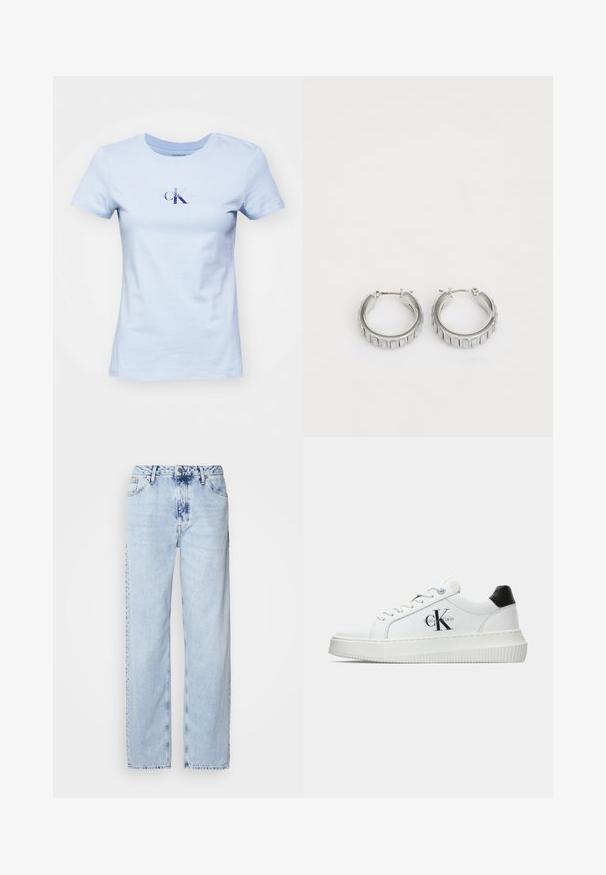 Ανοιχτό μπλε βαμβακερό T-shirt με κοντά μανίκια· διαθέτει κεντρικό λογότυπο σε σκούρο μπλε και ανοιχτό μωβ. Κλασικός σχεδιασμός με στρογγυλή λαιμόκοψη.; Ανοιχτό μπλε παντελόνια με φαρδύ καβάλι από τζην, με υψηλή μέση, ξεθωριασμένο πλύσιμο και διακριτό σχέδιο tie-dye μπροστά.; Λευκό αθλητικό παπούτσι χαμηλού προφίλ με μαύρη ταμπέλα στη φτέρνα, πλατφόρμα, κορδόνια και λογότυπο "CK" της Calvin Klein στο πλάι.; Ασημένια σκουλαρίκια κρίκοι με υφή που διαθέτει κατακόρυφες ραβδώσεις. Κυκλικός σχηματισμός με ασφαλές κλείσιμο. Λείος φινίρισμα.