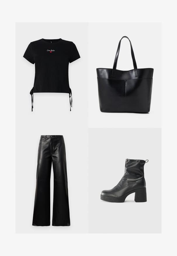Čierne bavlnené tričko s krátkym rukávom s vyšitým nápisom "Ciao Bella" v bielej a červenej farbe. Postranné šnúrky na nastaviteľné prispôsobenie spodnej časti.; Čierne vysokopriestené široké nohavice z umelého kože s predným gombíkom, zipsom, pútkami na opasok a bočnými vreckami na bielom pozadí.; Čierne členkové topánky z hladkej kože, so bočným zipsom, robustnou textúrovanou pätnou časťou a zaobleným dizajnom špičky.; Čierna kožená tote taška s dvoma dlhými rúčkami, hladkým povrchom a štruktúrovaným tvarom. Obsahuje prednú kapsu pre dodatočné uskladnenie.