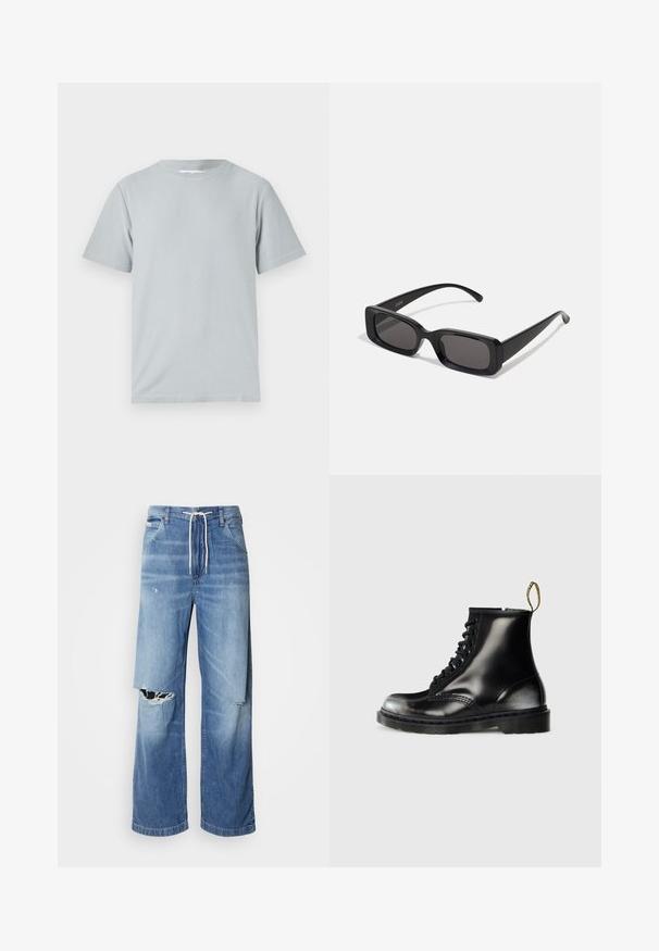 Hellgraues T-Shirt mit kurzen Ärmeln aus weichem, glattem Stoff, im klassischen Rundhals-Schnitt und mit lockerer Passform, ohne sichtbare Muster oder Applikationen.; Helle blaue Denim-Jeans mit einer lockeren Passform, ausgestattet mit einem weißen Kordelzugbund und markanten Rissen auf der Vorderseite, die ausgefranste Kanten zeigen.; Schwarze Leder-Ankle-Boots mit glanzfinish, acht Ösen, schwarzen Schnürsenkeln und einer Zuglasche. Mit einer strukturierten, profilierten Sohle.; Schwarze rechteckige Sonnenbrille mit dunklen Gläsern, glänzender Oberfläche, breiten Bügeln und einem klobigen Rahmen-Design. Gravierter Markenname auf einem Bügel.
