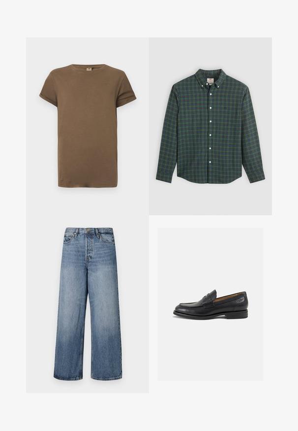 Hnědé bavlněné tričko s krátkým rukávem, kulatým výstřihem a ohrnutými manžetami, zobrazené na jednoduchém bílém pozadí.; Kostkovaná košile s dlouhým rukávem v zelené, modré a žluté barvě, s bílými knoflíky a zapínacím límcem.; Modré džínové kalhoty s širokým střihem, vybledlý wash, pět kapsových design a zapínání na knoflík. Vybavené poutky na opasek a prošívanými detaily.; Černé kožené mokasíny s hladkým povrchem, zaoblenou špičkou a dekorativním prošíváním na svršku. Nízký podpatka a mírný lesk.