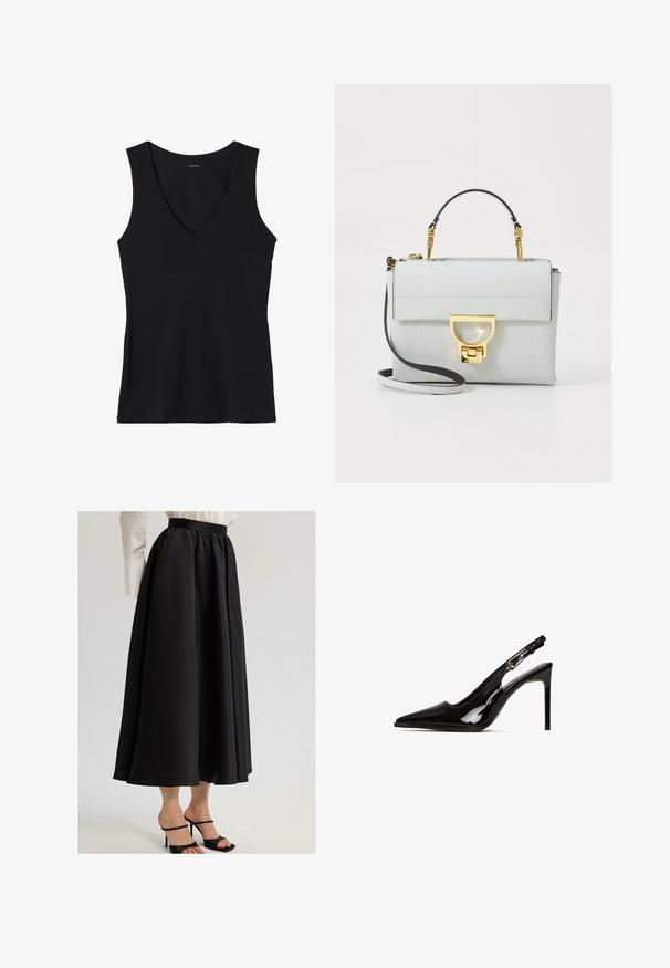 Black sleeveless top with a deep v-neckline, made from soft fabric. Simple design with no patterns or embellishments.; Black maxi skirt made of smooth fabric, featuring a gathered waistband and flowing design, paired with black strappy heels.; Black patent leather slingback heel with a pointed toe and a stiletto heel. Features a cutout design and adjustable strap with metallic hardware.; Light gray structured handbag made of pebbled leather. Features a gold-tone clasp, removable shoulder strap, and short top handle.; Square metal watch with a silver and gold-tone link bracelet. White dial displaying gold markers and hands. Branding at the 12 o'clock position.