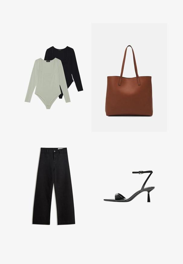 Két hosszúujjú bodysuit: az egyik világoszöld, a másik fekete. Mindkettő négyzet alakú dekoltázzsal és sima textúrájú, testhez simuló kialakítással rendelkezik.; Fekete, bő szabású farmernadrág magas derékkal, elülső és hátsó zsebekkel, varrott felületekkel és gombos záródással. Sima textúra.; Bershka Magas sarkú szandálok - black; Barna bőr vászontáska sima textúrával, nyitott tetejű dizájnnal és két vállpánttal. Minimális varrással és látható hardver nélkül készült.