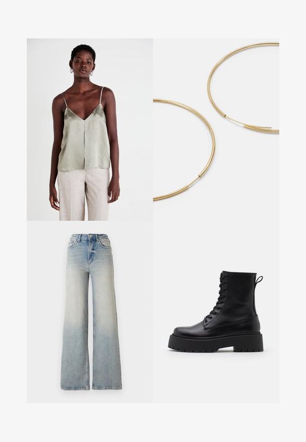 Lys grøn satin top med tynde stropper, v-hals og lige kant. Sammen med lyse beige bukser for kontrast.; Lyseblå vid jeans lavet af denim, med høj talje, fem lommer og synlige sømme langs sømmene.; Sorte læder ankelstøvler med rund tå, snørebånd foran og en tyk gummisål med struktureret slidbane. Hæfteløkke bagpå.; Guldfarvede hoops øreringe, tynde og runde i formen, med en glat metallisk finish uden udsmykninger eller mønstre.